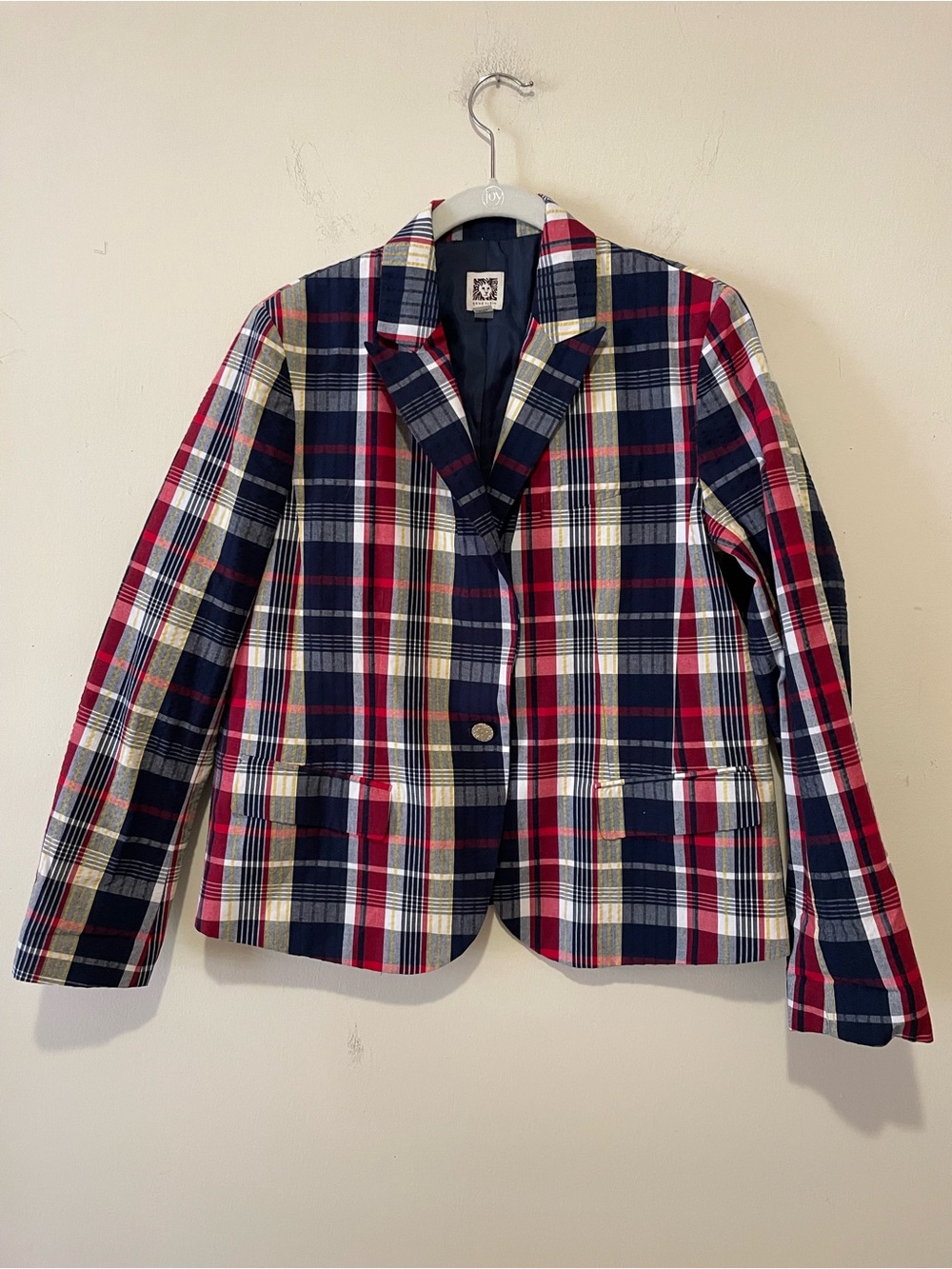 Anne Klein Madras Plaid Classic Fit Blazer. Navy/Red/White. Lapel Pockets. Sz M